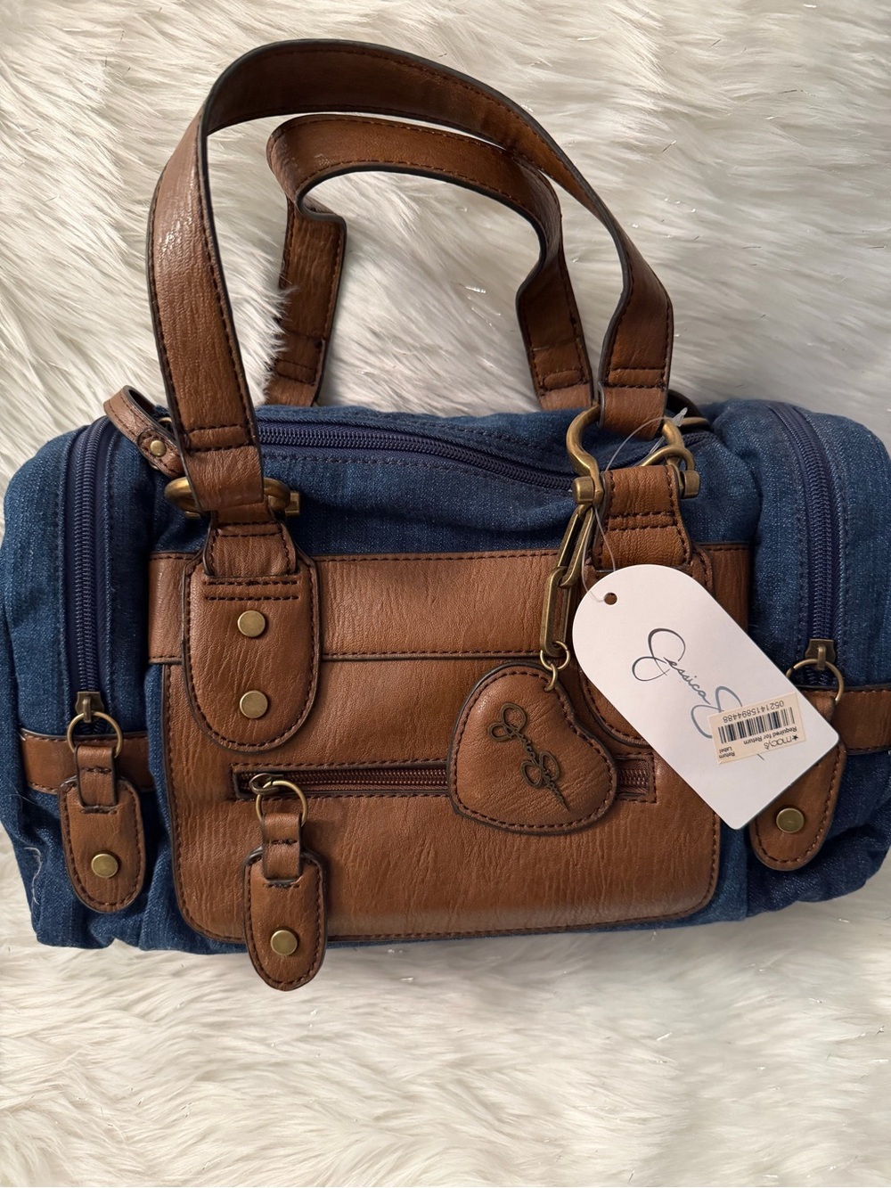 Jessica Simpson Blue Denim and Brown Faux Leather Satchel with Heart Charm